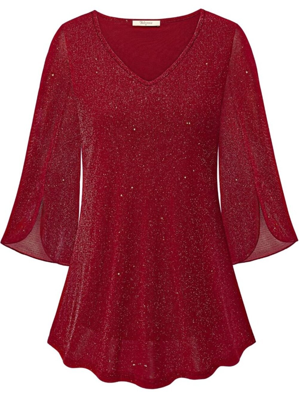 Bebonnie Women's Top Red Ruffle 3/4 Sleeves V Neck Double Layers Mesh Blouses